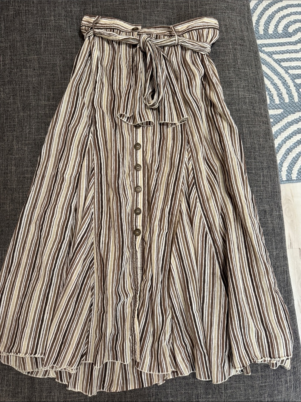 Pari Roulika France Cotton Paperbag Waist Striped Midi Skirt Bow Belt Y2K